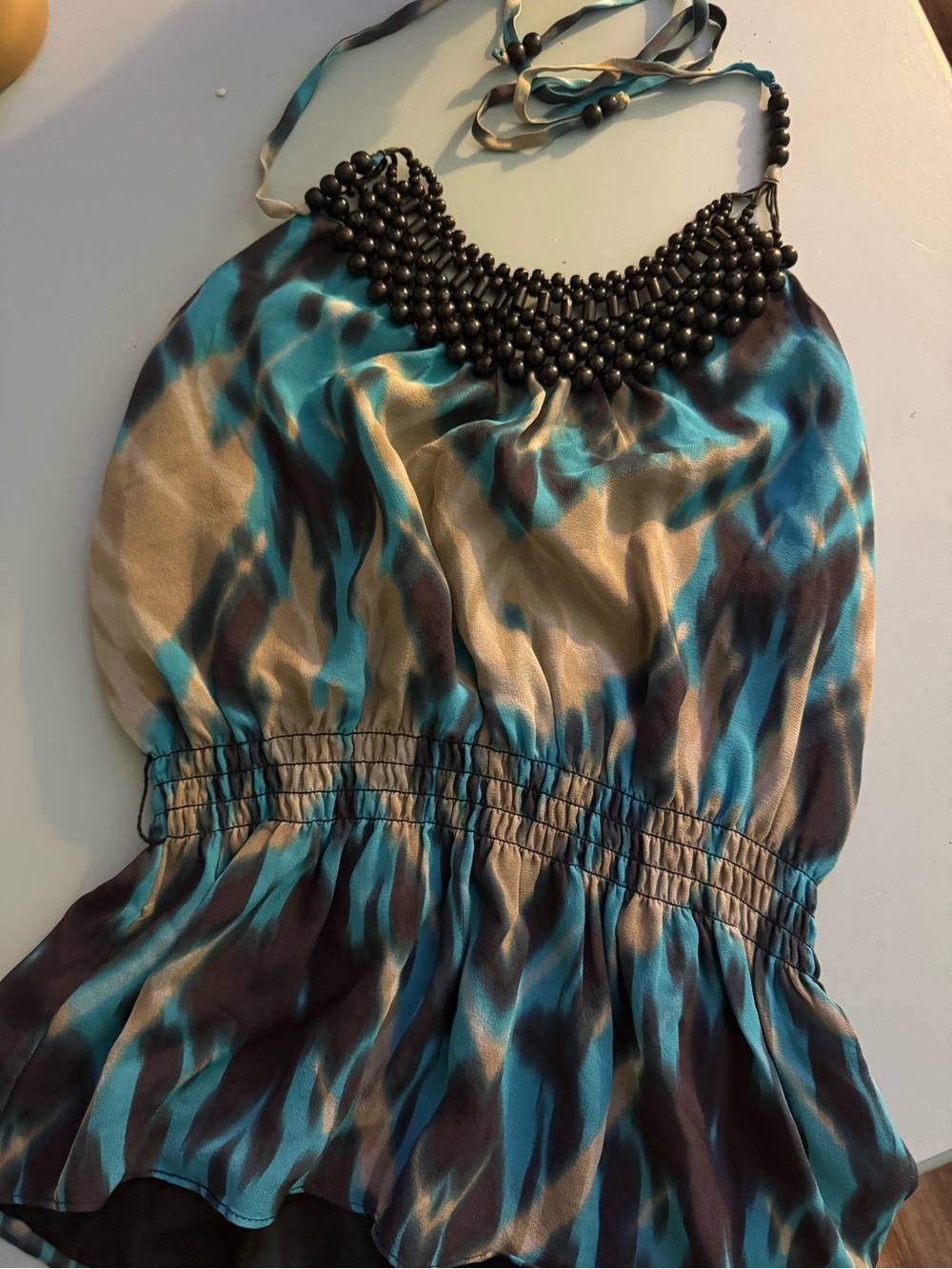 Bebe Silk Beaded Halter Top in Teal, Black & Taupe Size XS